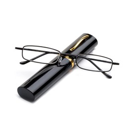Ultra Slim Compact Unisex Light Weight Reading Glasses w/Portable Pocket Clip Aluminum Case in Black/Strength +2.00