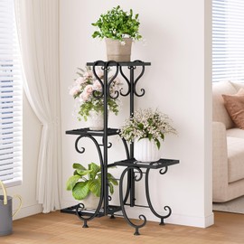 INGIORDAR Plant Stand Indoor Outdoor Shelf 4Tier Metal Holder Pot Rack Multiple Plants Stand Tall Flower Shelf Corner Living Room Garden,Black (Black, 4 Pots)