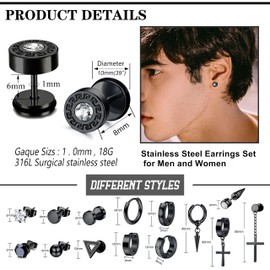 JeweBella 15Pairs Mens Earrings Stainless Steel Silver Black Stud Earrings Zirconia Earrings Set Hoop Earrings Cross Dangle Hoop Earrings Hypoallergenic Piercing Cartilage Earrings for Men Women