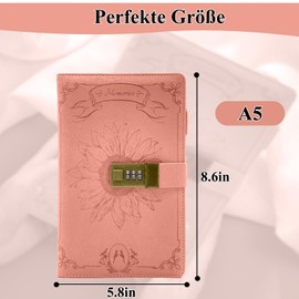 GOORAIFU Diary with Lock for Girls and Women, A5 PU Leather Journal with Code Lock, 240 Pages Password Protected Travel Notebook with Gift Box, Pink