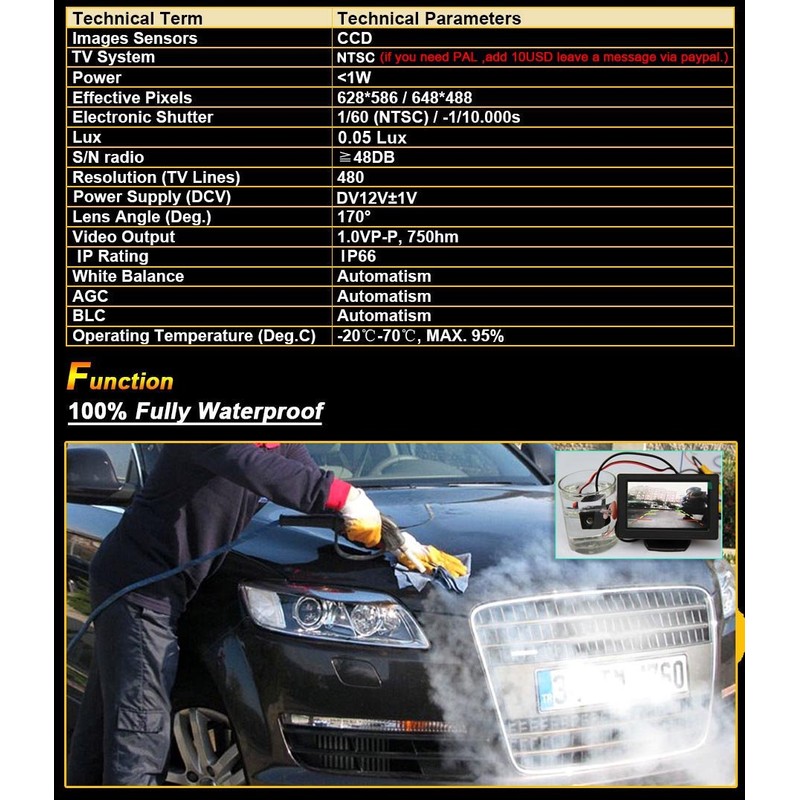 HD CCD Color Camera Car Rear View Backup Camera, 170°