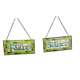 Royal Tara Stained Glass Set of 2 Failte and Slainte Window Hang Suncatcher Welcome Irish Plaque Rectangle Handcrafted Shamrock Decor Birthday Present Housewarming Gift