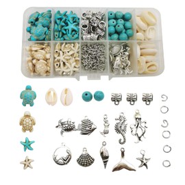 Pack of 180 Mixed Turquoise Beads Blue White Silver Starfish Turtle Shell Ocean Charms for Jewellery Making Summer Beach Sea Pendant Necklace Bracelet Craft DIY Accessories