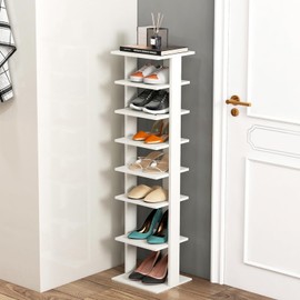 BETTARY 8 Tier Vertical Shoe Rack, Narrow Wooden Corner Shoe Organizer for Small Spaces, Removable Shelves, Anti-toppling Device, Shoe Tower for Entryway, Closet, Bedroom (White, Single Row)