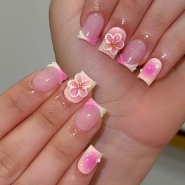 Vopintpy 3D Flower French Tip Press on Nails Blush Gradient Fake Nails Cute Short Square Acrylic Glue on Nail Glossy Full Cover Artificial Stick on Nail for Women DIY Manicure