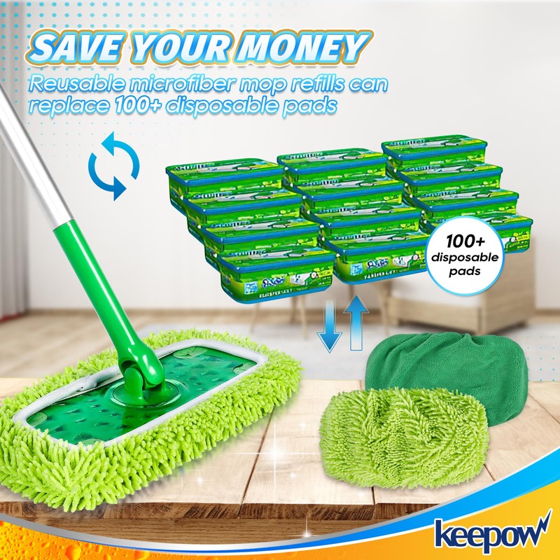KEEPOW Reusable Microfiber Mop Pads Compatible with Swiffer Sweeper, 4