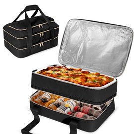 Prokva Insulated Casserole Carrier for Hot or Cold Food, Thermal Lasagna Lugger Tote to Keep Food Warm, Double Decker Food Warmer Bag Fits 9”x13” Baking Dish, Black