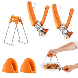 5 Pack Hot Plate Gripper Clips with Silicone Heat Resistant Gloves, Anti-Scald Kitchen Plate Lifter Tongs for Hot Plates, Bowls & Pizza Pans, Compatible with Microwaves, Ovens & Air Fryers, Orange