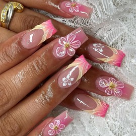 Press on Nails Medium Square Fake Nails Ombre Pink False Nails with 3D Wave Flower Design Glue on Nails Glossy Full Cover Stick on Nails French Tip Acrylic Nails for Women Manicure 24Pcs