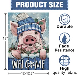 Dyrenson Welcome Winter Pig Decorative Garden Flag, Farm Animal Snowflake Yard Outside Home Decorations, Farmhouse Christmas Seasonal Rustic Burlap Outdoor Small Decor Double Sided 12 x 18