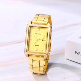 JewelryWe Damenuhr Rechteckige Uhr Damen: Klassische Datum Kalender Analog Quarz Armbanduhr Frauen Gold Metallarmband Geschäft Lässige Uhr mit Römischen Ziffern Eckigem Zifferblatt