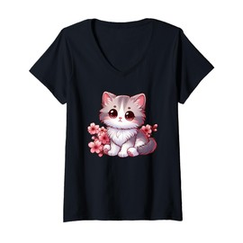 Womens Cute Kawaii Cat with Cherry Blossoms Anime Cartoon Design V-Neck T-Shirt
