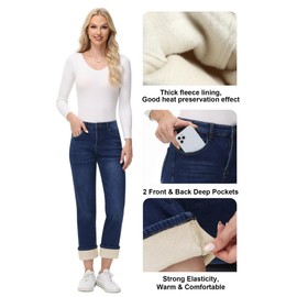 AMRSPENG Women's Fleece Lined Jeans Women Straight Leg Jeans Winter High Waisted Fleece Lined Denim Pants Navy Blue Size 10