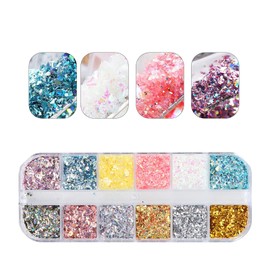 Vxcbad 12 Grids Nail Glitter - Multicoloured Nail Foil for Nail Jewellery - Nail Supplies and Nail Glitter Sequins for Women (001)