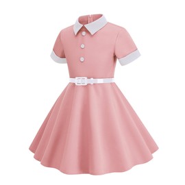 50s Style Dress for Kids 1950s Dresses for Girls Rockabilly Audrey Hepburn Prom Tea Party Cocktail Swing Dress with Collar Belt Retro Short Sleeve 40's 50’s Themed 1940s 1960s Outfits Pink 5-6 Years