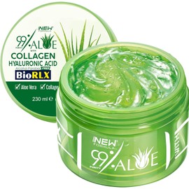 BioRLX 99% Aloe Vera Gel with Collagen and Hyaluronic Acid 230 Ml 8.45 Fl Oz Jar - For Face Body, Hair & Scalp, After Sun Relief, Natural, Soothing, Hydrating