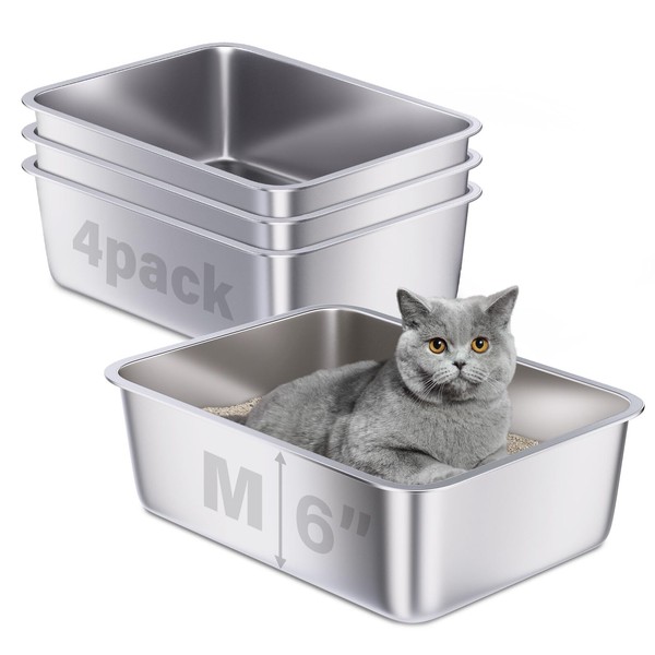 Holintan Stainless Steel Litter Box 4 Pack, 18"x14"x6"Medium Metal Cat