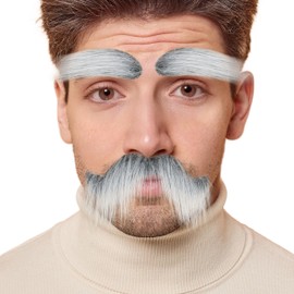 Yan Dream Unisex Self Adhesive Gray with White Fake Mustache and Eyebrows Adult Man Funny Costume Facial Hair Stick On Beard