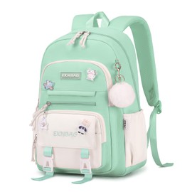 Tanou School Backpack Girls Teenager School Bag Kids, Large Capacity School Backpack for Girls 3rd to 7th Grade, Lightweight Nylon School Bag Kawaii for School Travel Casual, Green, Kawaii Style