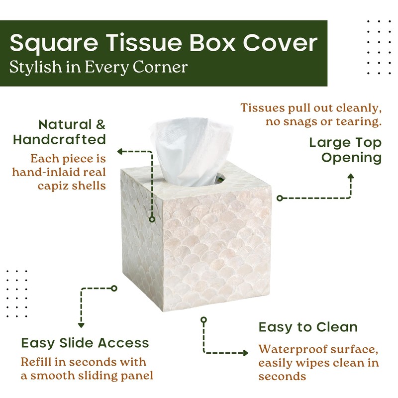 CHI AN HOME 5.9” Capiz Tissue Box Cover, Square Decorative