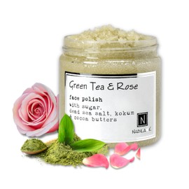 Nabila K Green Tea and Rose Face Polish - Exfoliates, Moisturizes and Nourishes with Sugar, Dead Sea Salt, Kokum Butter, Cocoa Butter & More - Natural Ingredients - Gentle for Most Skin Types - 5 oz