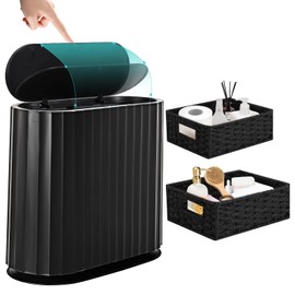 XLHOMO Small Bathroom Trash Can with Press Type Lid, 2Pcs Wicker Storage Baskets,Slim Black Bathroom Garbage Can,Slim Plastic Narrow Trash Bin 2.6 Gallon Garbage Bin