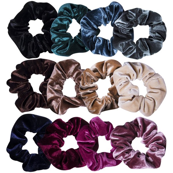 Pack of 12 Hair Bobbles / Velvet Scrunchies / Colourful Elastic Hair Bands for Girls 12 Colours