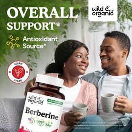 Wild & Organic Berberine Capsules 1000 mg - Antioxidant & Overall Support - Pure Berberine HCL Powder - Berberis Aristata Bark Supplement - Vegan, No Fillers, Non-GMO - 90 Count