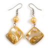 Antique Yellow Shell Bead Drop Earrings In Silver Tone -