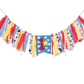 WAOUH - Banner para silla alta para primer cumpleaños, decoración temática de fiesta de cumpleaños para bebé, guirnalda de tela, accesorio para fotos, recuerdo de cumpleaños y regalos (bandera azul