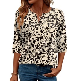 AKEWEI Womens 3/4 Sleeve Summer Tops Womens Boho Tops Dressy Casual Half Sleeve Shirts V Neck Tees Apricot Black Floral M