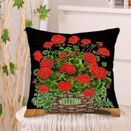 Qinqingo Red Geranium Flowers Pillow Covers 22"X22" Rustic Potted Plants with Welcome Words Throw Pillow Cases Cushion Cover for Outdoor Garden Chair Summer Decorative (Geranium, 22"X22")