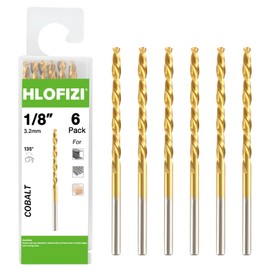 HLOFIZI 1/8" Cobalt Drill Bit (6 Pack), Titanium Twist Drill Bits for Metal, Stainless Steel, Cast Iron and Wood