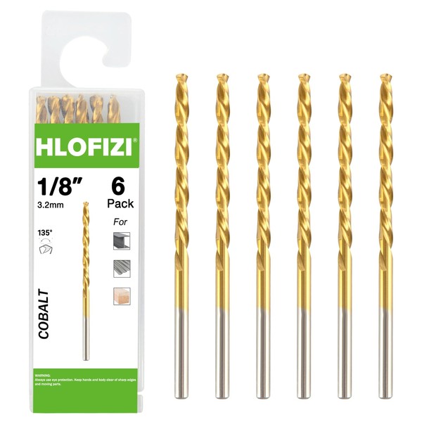 HLOFIZI 1/8" Cobalt Drill Bit (6 Pack), Titanium Twist Drill