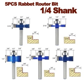 SICWOOD 5PCS Rabbeting Router Bit Set, 1/4 Inch Shank, 1-1/4" Cut Dia, 5 Bearings (1/2", 5/8", 3/4", 7/8", 1-1/8"), Carbide, 2 Flutes, for Cutting Rabbet Slots