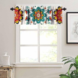 JanJCurt Oriental Mandala Valance, Traditional Bohemian Teal Green Red Mandala Flower Print Blackout Window Valance for Kitchen Bedroom Livingroom Decor, 54x18inch