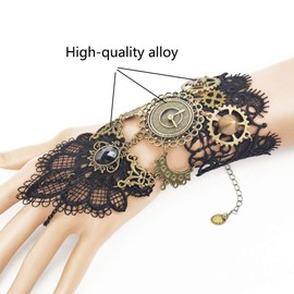 Juland Fingerless Gloves Gothic Floral Lace Steampunk Wristband Clock Vintage Gear Gloves Bridal Bracelet Rhinestone Ring Set - 1 Pair -S392