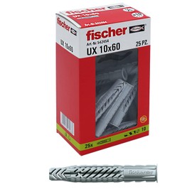 fischer 25 dowels UX, 10 x 60 mm, for Wall, Perforated Brick, plasterboard, 542454, Gray, Set of 25 Pieces