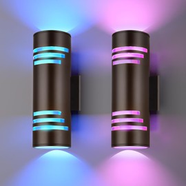 Smart WiFi Outdoor Wall Lights Exterior 2 Pack, Up and Down Porch Lights Ambience Color Changing, Bronze Cylinder RGBCW LED Outdoor Wall Lamp for House Garage Porch, Outside Exterior Lights ETL Listed