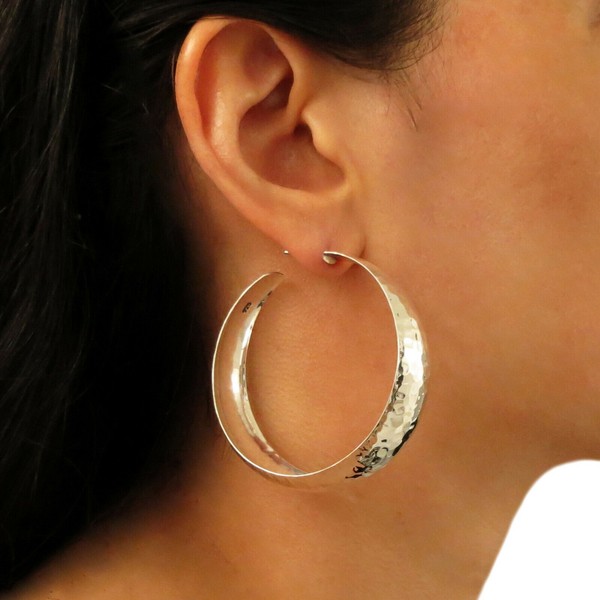 Wide Hallmarked Solid 925 Sterling Silver Hammered Hoops Circle Earrings