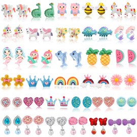 DEVIENG Clip On Earrings for Girls, No Pierced Design Hypoallergenic Kids Clips Earrings Sets Suitable for Ages 4-12 Little Girls Cute Small Stud Earring Jewelry Gifts(Clip On Earrings-32 Pairs)