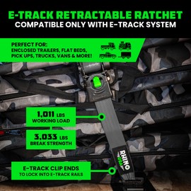 Rhino USA 2”x10’ Retractable E-Track Ratchet Straps: 3033lb Max Break Strength Compatible with E Track Rail Systems only– Perfect for UTV’s, ATV’s and Other Cargo (Gray - 2 Pack)