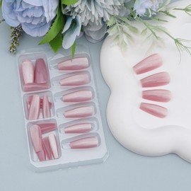 Pink Cat Eye Press on Nails, 24Pcs Long Coffin Fake Nails with Gradient Glitter Design, Full Cover Glossy Acrylic False Nails, Artificial Reusable Stick on Nails for Women DIY Manicure Decoration