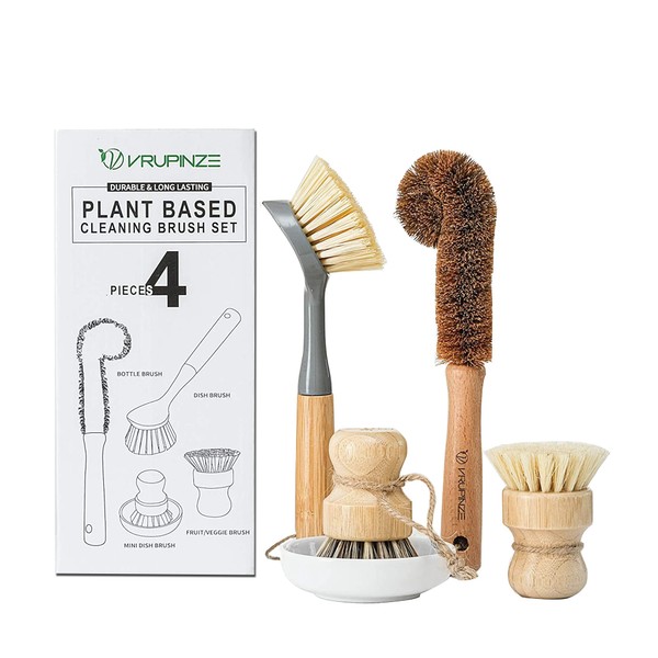VRUPINZE Natural Bamboo Dish Brush Bottle Scrub Brush 4-Piece Set, with Ceramic Soap Dispenser - Wooden Washing Up Brushes with Sturdy Handles for Cleaning Dishes, Pots, Pans, Gift Kit