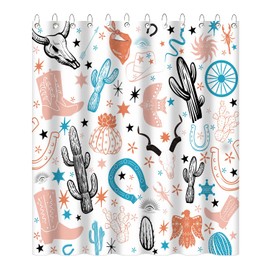 Mocsicka Western Shower Curtain Cowboy Cactus Shower Curtain with 12 Hooks Boho Farmhouse Country Abstrat Cow Skull Western Bathroom Decor Waterproof Fabric Bath Curtain, 72''X72''