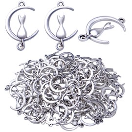 100pcs Antique Silver Cat in The Moon Charms Alloy Celestial Pendants Craft Supplies for DIY Earrings Necklace Bracelet Jewelry Making Christmas Birthday Party Gifts, 21 mm x 14 mm