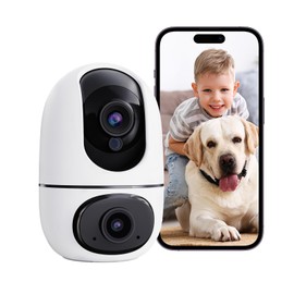 virtavo Indoor Security Camera, 1080P Dual-Lens & Screen, Home Baby Monitor/Pet Cam, Pan/Tilt/Zoom, AI Motion Tracking, Night Vision, Cloud & SD Storage, 2.4GHz Only