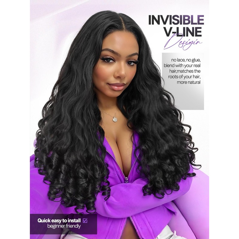 Yaki Curly V Part Wigs Black Loose Wave Wig with