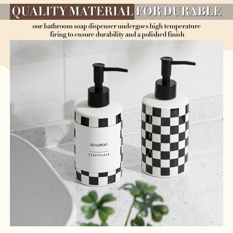 2 Pack Checkered Bathroom Soap Dispenser with 6 Waterproof Labels