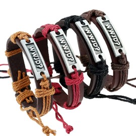 Taichell 4PCS WWJD Bracelets Pack: Leather, Adjustable, Unisex, Religion-Themed Wristbands (7IN, 4 Count)